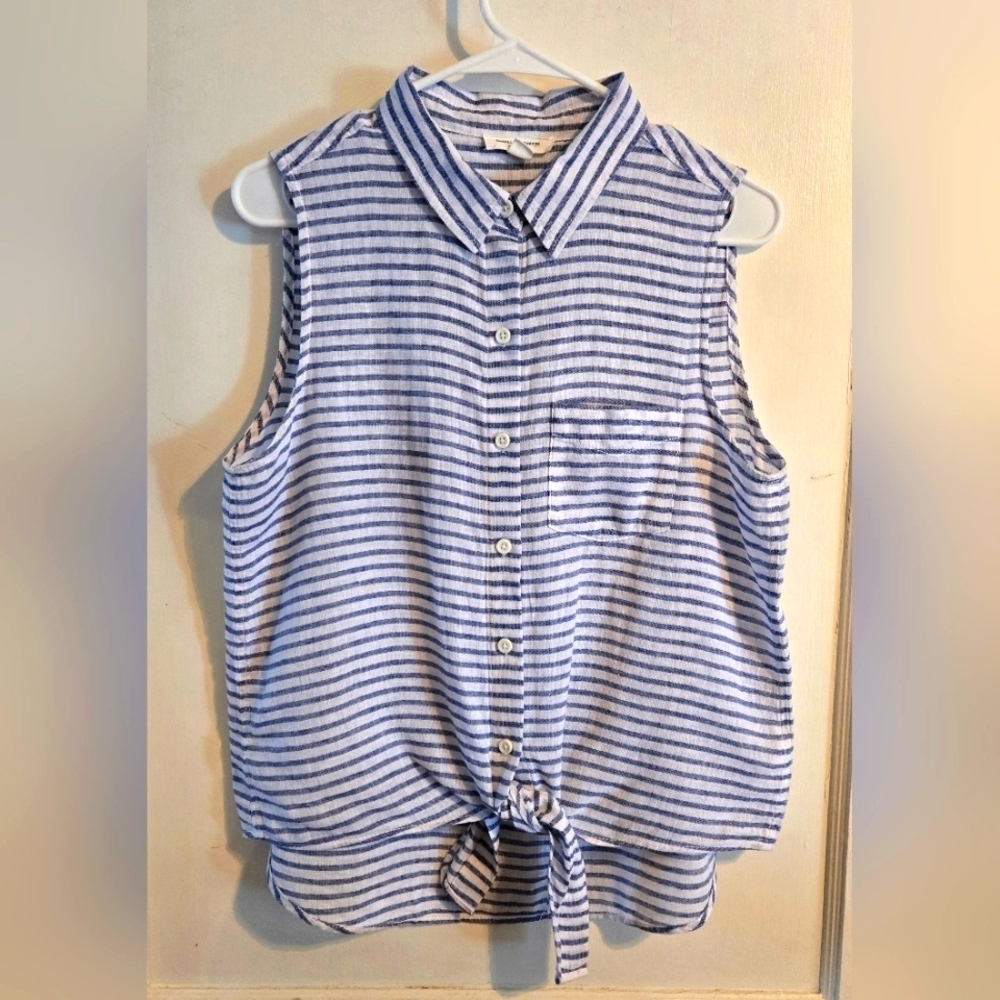 BeachLunchLounge | Linen Cotton  Stripe Sleeveless Tank | Tie | Button | Small